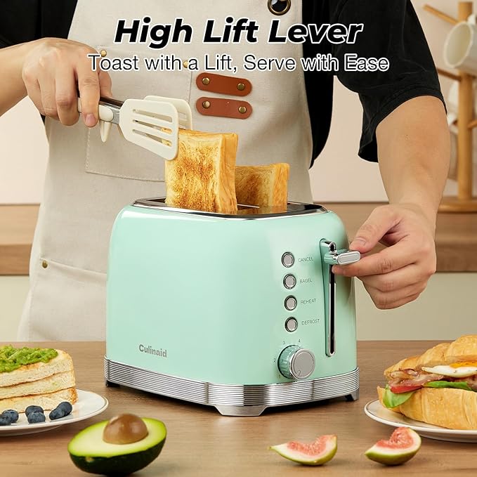 Toaster 2 Slice Retro Stainless Steel, Aqua Green | 1.5” Extra Wide Slots with Bagel, Defrost, Reheat, Cancel Functions, 6 Bread Shade Settings, Removable Crumb Tray