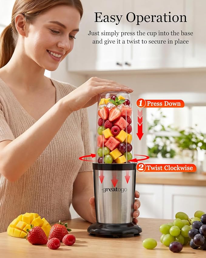 Personal Bullet Blender for Smoothies and Shakes, Kitchen Portable Compact Smoothie Maker with 2×24oz To-Go Cups, 10oz Grinding Cup for Frozen Drinks, Small Ice, and Spices