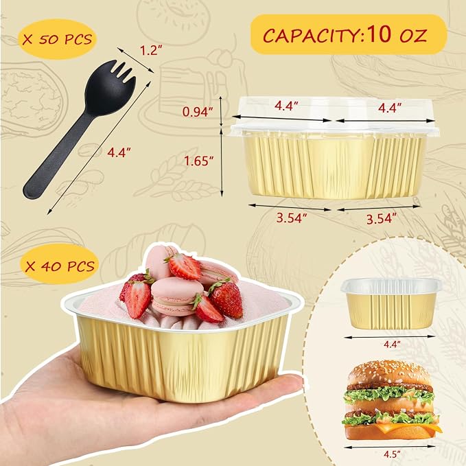 LNYZQUS 10oz Mini Cake Pans with Lids, Small Cinnamon Roll Containers | 40 Pack, Individual, Gold, Disposable, Aluminum Foil, Square Baking Tins, 4 Inch Dessert Cups for Bake Sale Treats