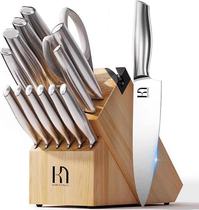KnifeSaga 14 Pcs Knife Set with Block, Premium, Razor Sharp, Japanese Steel | Innovative Steel, High Carbon Stainless, Enduring Sharpness, Ergonomic Handle, Quality Natural Wood Block, Gift Box
