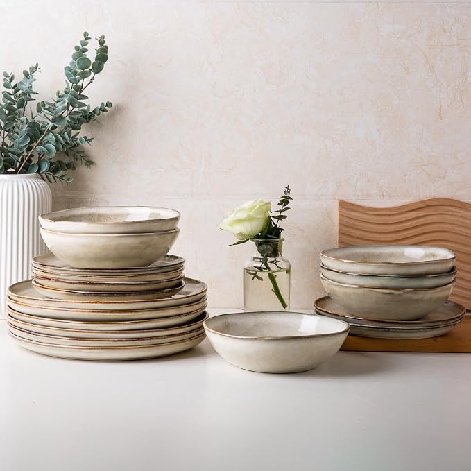 AmorArc Ceramic Dinnerware Sets for 8, 24Pcs Plates and Bowls Sets Dishes | Stoneware Handmade Reactive Glaze Dinner Set, Highly Scratch Resistant | Dishwasher & Microwave Safe Dishware-Cappuccino
