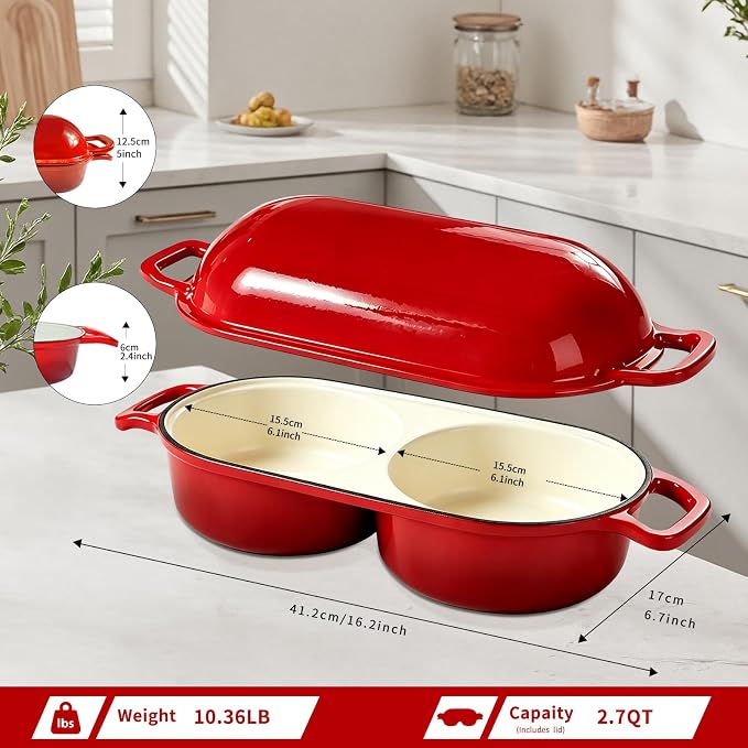 2.7 QT Enameled Cast Iron Bread Oven with Lid, Double Loaf Dutch Oven for Sourdough Bread Baking, Bake Two Artisan Mini Loaves at Once, Steam Locking Lid, Non-Stick Easy Clean, Oven Safe 500°F