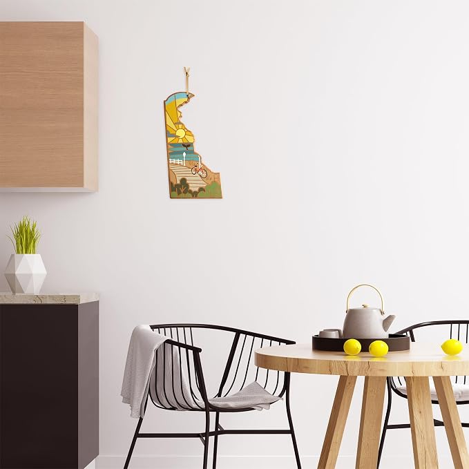 Totally Bamboo Delaware State Shaped Cutting Board, Summer Stokes Art | State charcuterie board with colorful hand-drawn landscape art. Smooth reverse side for food prep. Hang tie for wall display.