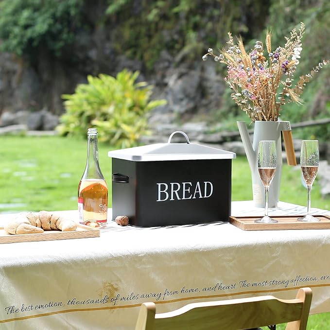 SOTECH Metal Bread Box For Kitchen Countertop,black bread box for kitchen countertop for Homemade Bread Farmhouse Style Bread Bin-Kitchen Food Bread Storage Container