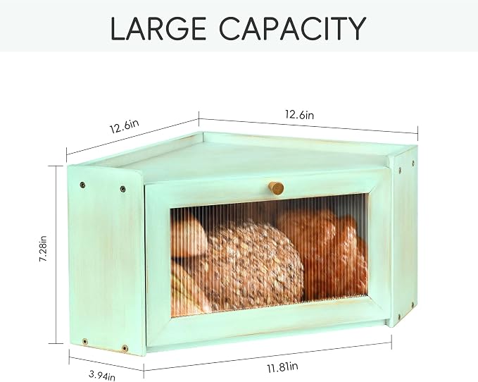 Bread Box for Kitchen Countertop with Acrylic Window Green | Farmhouse Bread Storage Container, Large Pantry Organizers for Homemade Snacks, Loaves, Breathable Keeps Bread Fresh