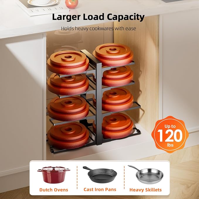 MUDEELA 8-Tier Pots and Pans Organizer under Cabinet, 15.9" H Heavy-duty | 120LBS capacity, 2 Installation Options, Adjustable pot rack holds cast-iron pans, skillets, griddles and shallow pot