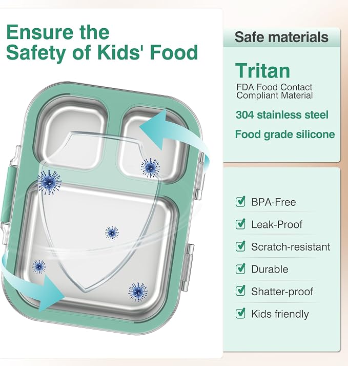 HOMEKOL Stainless Steel Bento Lunch Box, Green, 3.3Cups | 3-Compartment,Leak-Proof, for Kids & Adults, BPA-Free, Dishwasher Safe, Clear Tritan Lid, 800ml (Not Insulated)