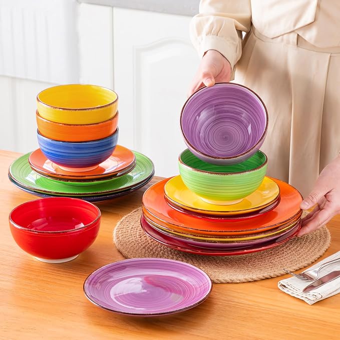 vancasso Bonita Dinnerware Set Multicolor Stoneware 18 Pieces Service for 6 | Handpainted Spirals Pattern Stoneware Plates and Bowls Set, Modern Round Dishes Sets, Microwave and Dishwasher Safe