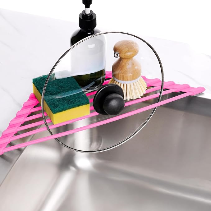 Tomorotec Roll Up Dish Drying Rack with Silicone Coating, Hot Pink | 304 Stainless Steel with BPA-Free Silicone, Triangle Design Maximizes Sink Corner Space, Fits Compact Kitchens And RVs
