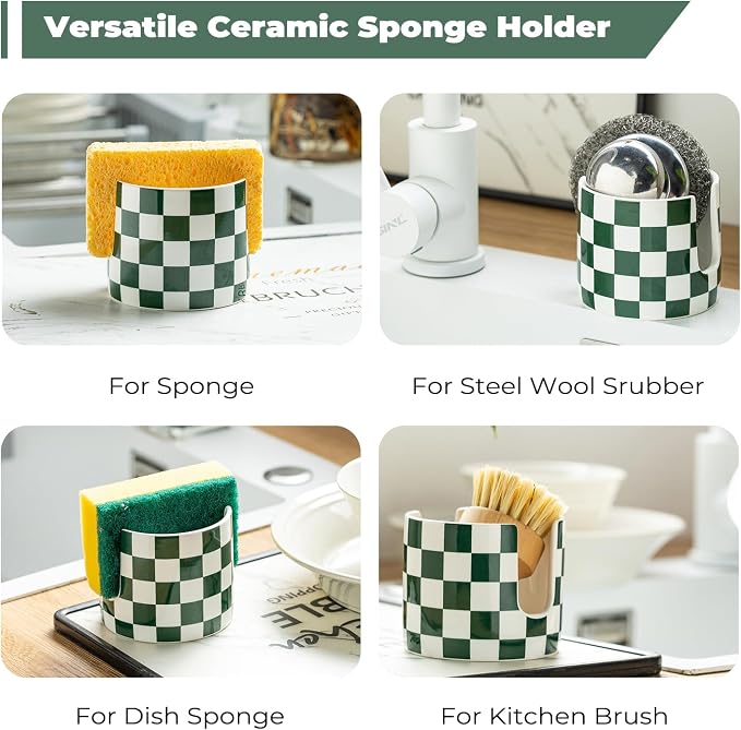 Zoeeker Sponge Holder for Sink, Ceramic Dish Sponge Holder Brush Holder | Scrubby Caddy Dish Brush Drying Rack Cute Kitchen Gadgets Farmhouse Kitchen Storage Accessories for Bathroom, Green and White
