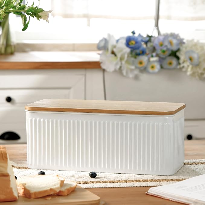 Large White Vertical Stripe Embossed Bread Box with Bamboo Lid | Corner Breadbox for Homemade Bread, Metal Bread Storage Container Bin for Kitchen Countertop
