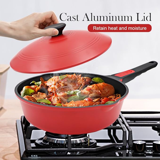 12 Inch Nonstick Deep Frying Pan Skillet with Lid, 5 Qt Large Saute Pan,Red | Detachable Handle, Suitable for All Stoves, Including Induction, PTFE & PFAS & PFOA Free, Oven Safe