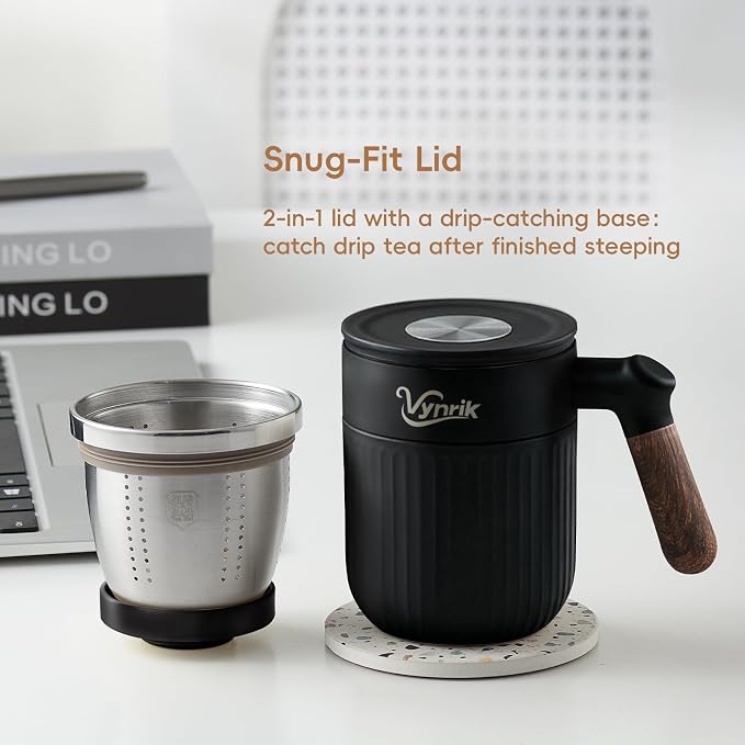 Tea Infuser Cup Doubles As Insulated Coffee Mug, Tea Cup With Lid And Handles, Removable Stainless Steel Tea Strainers For Loose Tea (Black)
