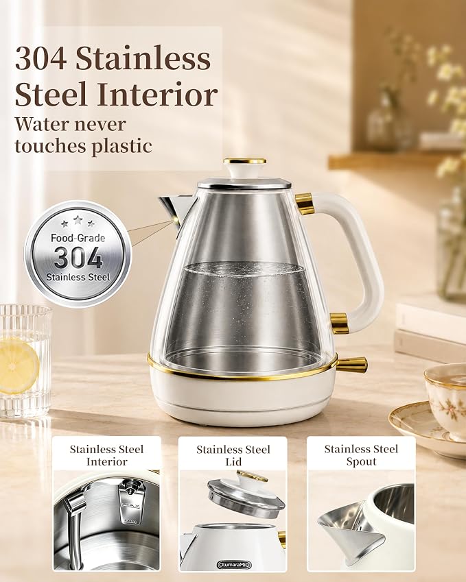 Olumaramio 1.7L Retro Electric Kettle with Thermometer, 1500W, Pearl White | 304 Stainless Steel, 1500W Fast Boiling, Auto Shut-Off, Boil-Dry Protection, BPA-Free