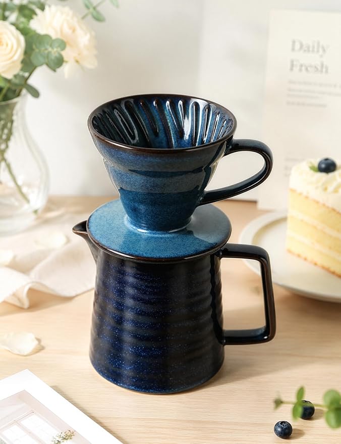 Pour Over Coffee Maker, Ceramic Coffee Dripper Set with 40pcs Paper Filters, 15oz/450ml Capacity, Unique Starry Blue Glaze, Compact Size 3.58" x 4.47" x 3.70" for Home Office or Gift