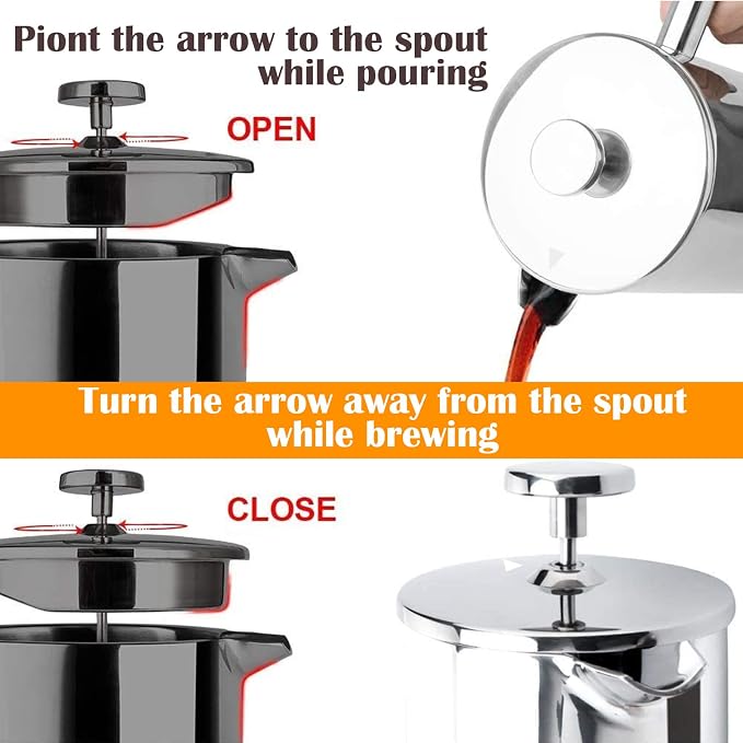 LANTE French Press Coffee Maker, Double Insulated 304 Stainless Steel Coffee Tea Maker 4 Level Filtration System, No Coffee Grounds, Rust-Free, Dishwasher Safe, 1000ml