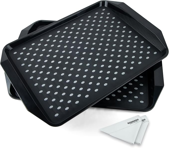 KAQAHIDO Large Non Slip Serving Tray with Grippy Dots, TV Lap Trays for Eating on Couch, Meal Serve for Dinner Breakfast, Rectangular Food Carrying for Plates, Glasses, Dishes, Set of 2, Black