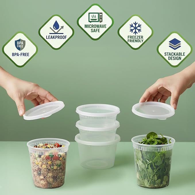 120 Sets Plastic Deli Containers with Lids - 8oz, 16oz Pint & 32oz Quart | Leak Proof, Microwaveable, Dishwasher & Freezer Safe - Plastic Food Storage, Meal Prep, Restaurant & Soup Containers