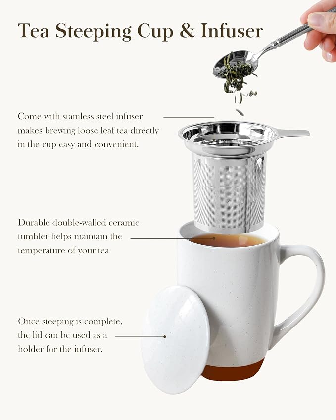 MALACASA Ceramic Tea Mug with Lid and Stainless Steel Infuser, 18 oz Large Tea Cup for Loose Leaf Tea, Heat-Resistant, Microwave & Dishwasher Safe, Speckled Glaze Coffee & Tea Brewer Mug, Khaki White