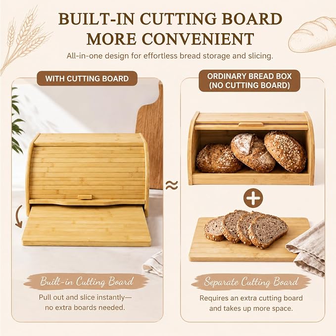 Sawysine Large Bamboo Bread Box with Cutting Board, 17.5" x 11" x 8.6" | Roll Top Bread Storage Box for Kitchen Countertop, Farmhouse Bread Keeper Organizer for Loaves, Bagels, Pastries and Baked