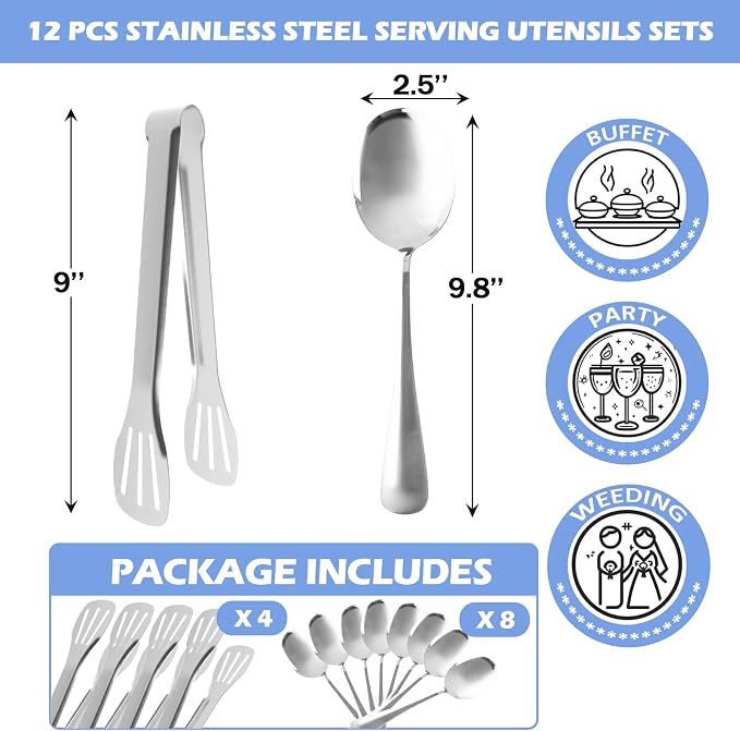 12PCS Silver Serving Utensils Set,Includes 8 large serving spoons,4 serving tongs