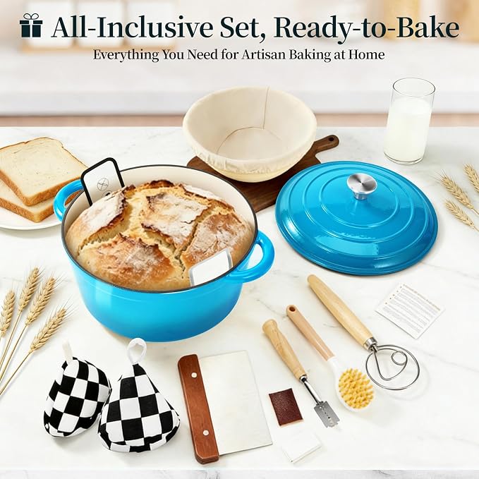 Enameled Cast Iron Dutch Oven pot 6.5 QT with Lid for Bread Baking | Cookware incl. Sourdough Bread-Baking Supplies like Banneton, Dough Whisk, Gloves, Oven Safe for Stews, Roasting, Sea Blue