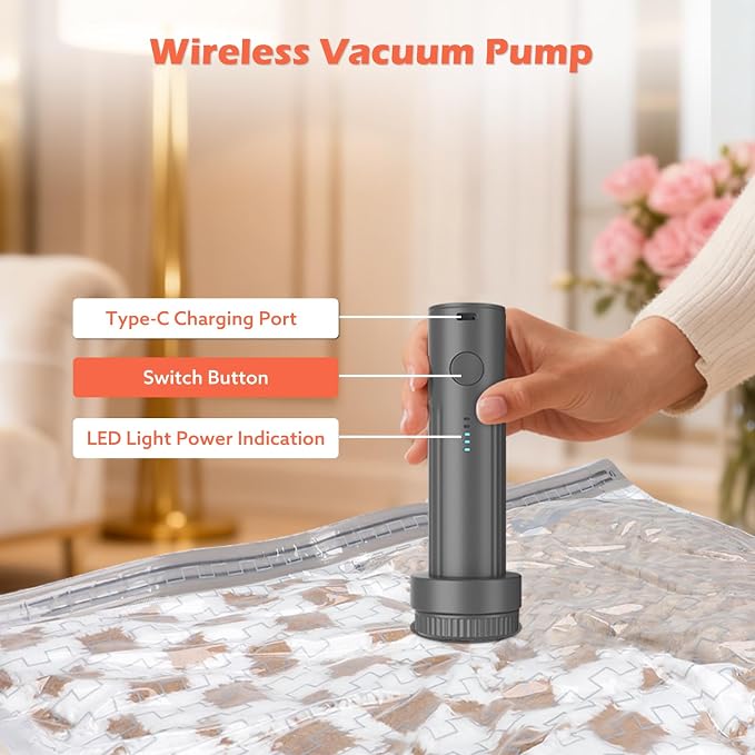 Travel Vacuum Bags with Wireless Recharging Pump | 15 Pack Vacuum Seal Bags with 3 Sizes for Clothing Travel, Space Saver for Luggage, Business Trip, Home Storage