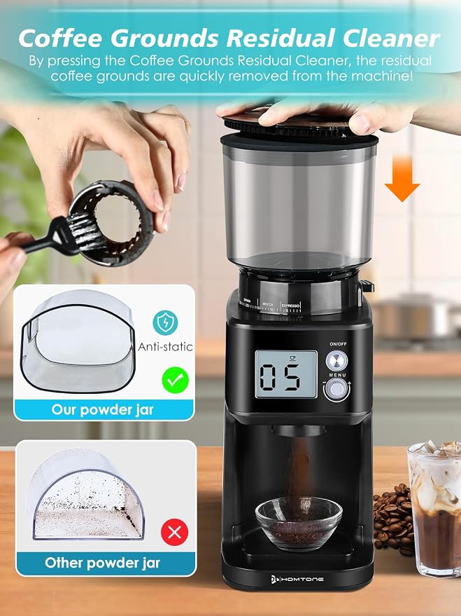 Homtone Conical Burr Espresso Coffee Grinder, 51 Precise Settings, Electric Mill with Portafilter Holder, 2-12 Cups Adjustable, Anti-static, Stainless Steel, 120V