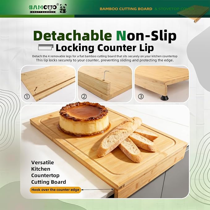 BAMOTTO CRAFTBAMBOO 16 x 22 Inch Bamboo Cutting Board — Stovetop Cover, Over the Sink Board with Detachable Legs & Non-Slip Lip, Juice Groove, Kitchen Countertop Extender for Apartment, RV