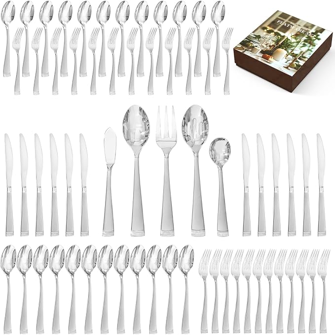 65-Piece Flatware Set, 18/10 Stainless Steel Utensil for 12 | Bead Edge Design, Matte Silver Finish, Dishwasher Safe, Elegant Table Setting, Daily Dining & Special Occasions