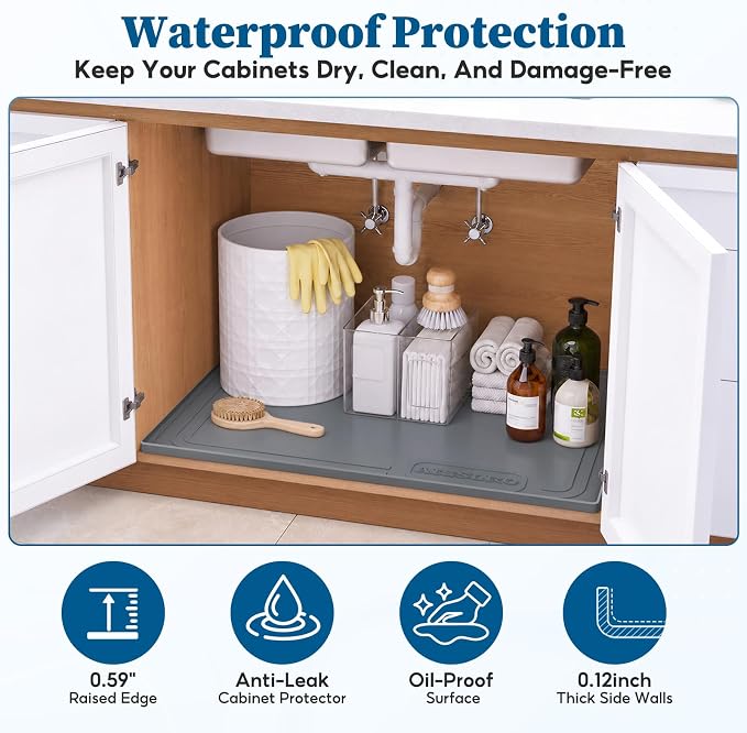 Under Sink Mat 25x19, Waterproof Liner for Under Sink Organizers, Dark Gray | BPA-Free Silicone with 0.59" Raised Edge Helps Contain Leaks, Spills & Drips to Protect Kitchen Cabinets