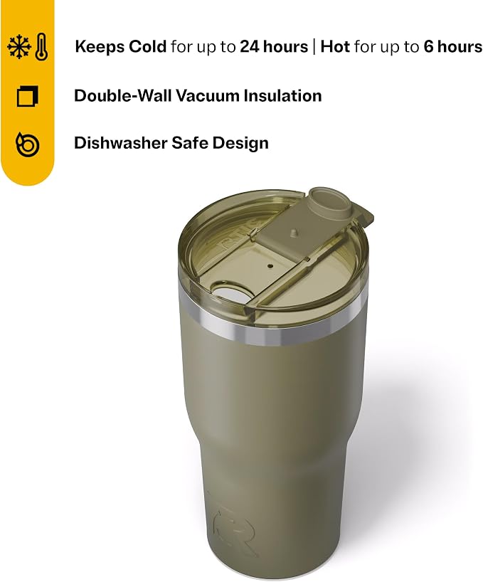 RTIC 30oz Essential Tumbler with Lid, Ceramic Lined, Olive | Insulated, Stainless Steel Metal, Portable Travel Cup for Hot and Cold Drinks, Coffee, Car, Camping and Travel