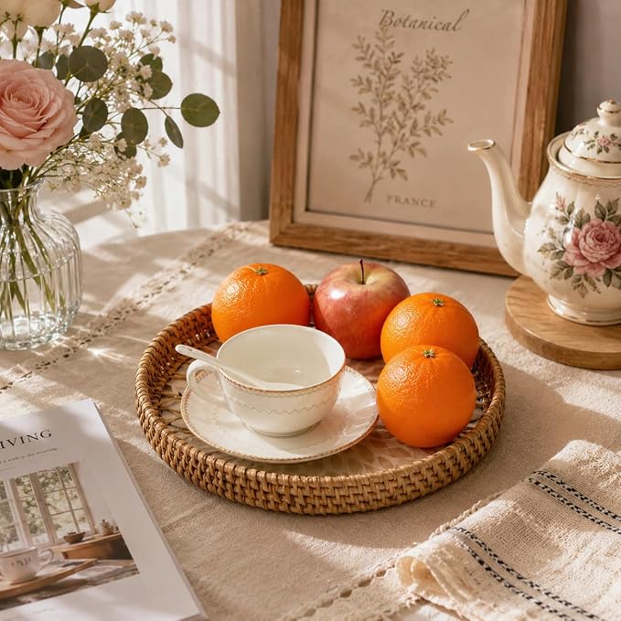 Round Rattan Serving Trays, Set of 3, White Leaf | Coffee Table Trays, Decorative Wicker Trays, Bread and Fruit Display, Ottoman Tray Set, Leaf Pattern