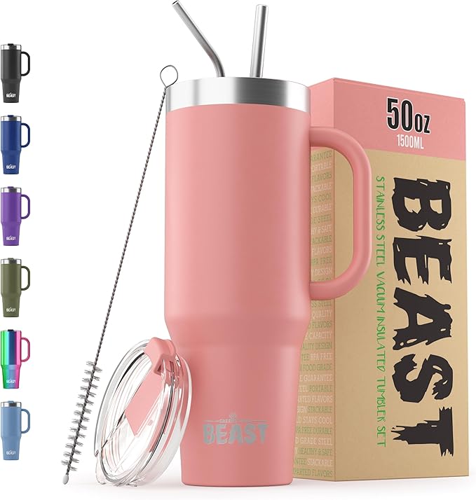 Beast 50 oz Tumbler with Handle Stainless Steel Vacuum Insulated Coffee Ice Cup Double Wall Travel Flask (Blossom Pink)