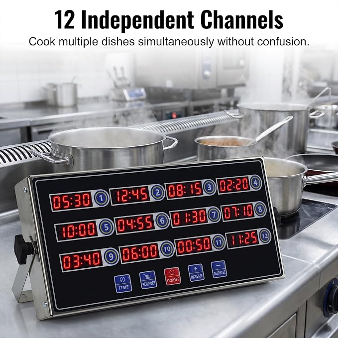 12 Channel Precision Kitchen Timers for Cooking, Commercial Kitchen Timer Restaurant Kitchen Supplies, Stainless Steel Digital LED Chef Cooking Timer, Reminder Function, Drillable wall mounting