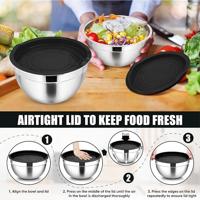 P&P CHEF Stainless Steel Mixing Bowls with Lids, Set of 3, Black | Nesting Salad Bowl, Sturdy& Rust Proof, Airtight & Stackable, Suit for Mixing, Storing, Prepping, 3 Size - 4.6/3 /1.5 QT