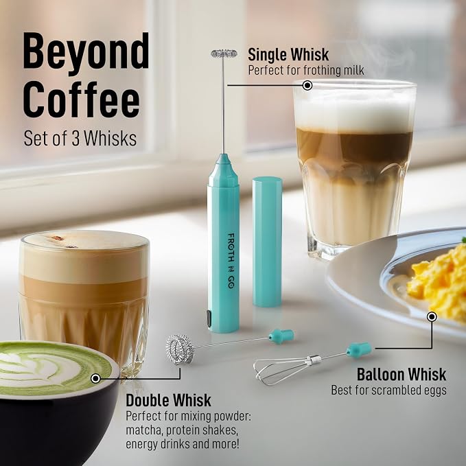 Zulay Froth N Go Milk Frother – Rechargeable 3-in-1 Handheld Frother Wand with Travel Case & USB-C Charger – Single, Double & Egg Whisk for Latte, Cappuccino, Matcha, Protein Shakes - Electric Aqua