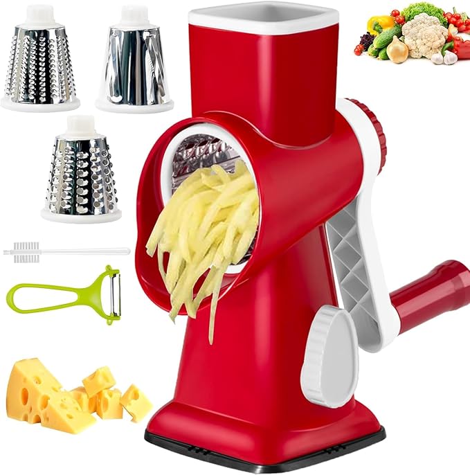 Cheese Grater with Handle,Multifunctional Rotary Cheese Grater | Powerful suction cup base,Effortless and time-saving,Protects your hands,Versatile,Detachable,Easy to clean