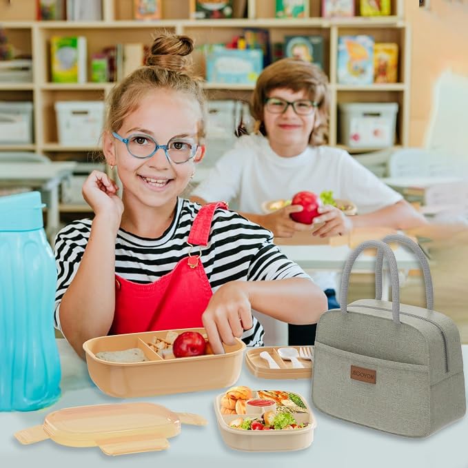 JBGOYON Leakproof Bento Box & Insulated Lunch Bag Set, 4-Piece, Khaki | 6-hour thermal retention, includes nested knife fork spoon, 2 reusable snack pouches, designed for adults and kids