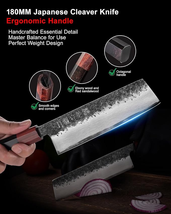 7 inch Nakiri Knife Japanese Chef Knife, AUS-8 Alloy Steel Vegetable Japanese Cleaver with Red Sandalwood and Eboy Wood Handle, Chopping Knife with Premium Gift Box (WA Series)
