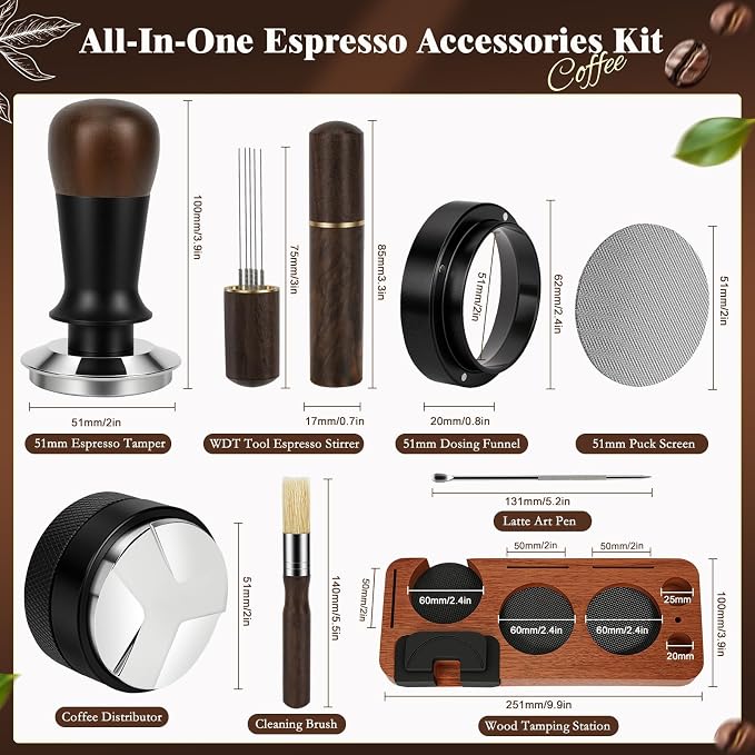 8 PCS Espresso Accessories Kit, 51mm Espresso Tamper Kit Coffee Tamper Set with Coffee Distributor, Espresso Tamping Station, WDT Tool, Dosing Funnel, Fits Delonghi 51mm Portafilter