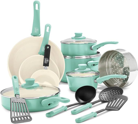 GreenLife 16 Piece Ceramic Nonstick Pots & Pans Cookware Set, Turquoise | PFAS-Free Ceramic Nonstick, Stockpot, Frying Pans, Saucepans, Sauté Pan, Stay-Cool Handles, Dishwasher & Oven Safe up to 350F