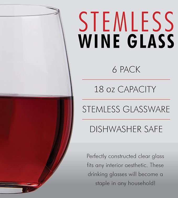 Kitchen Lux Stemless Wine Glasses Set of 6, 18oz Wine Glass – Stemless Wine Glass & Cocktail Tumbler Set – Premium Glass Drinking Cups in Bulk– Deluxe Gift Pack Short Wine Glasses, Dishwasher Safe