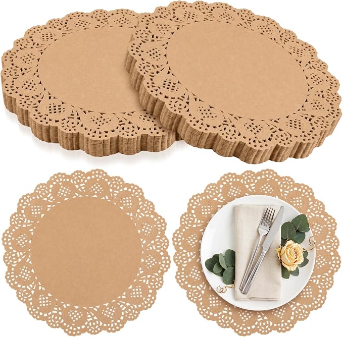 Gueevin 200 Pcs Paper Placemats Disposable Lace Round Paper Placemats Decorative Disposable Placemat Doilies for Dining Wedding Table Decoration Festive Party Birthday Holiday (Kraft,12 Inch)