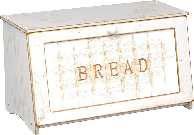 Vintage Bread Box for Kitchen Countertop, Retro Design Bread Storage Container, Farmhouse Wooden Counter Breadbox, Small Bamboo Bread Bin Holder for Homemade Bread, White