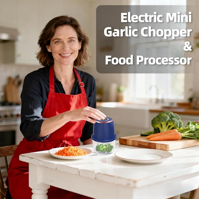 Electric Garlic Chopper 350ml Mini Food Processor Vegetable Chopper（Blue） | BPA-Free Glass Bowl 6-Blade Cutting Cordless & USB Rechargeabl Garlic Chopper Mini Chopper for Onion Herb Nut Easy to Clean