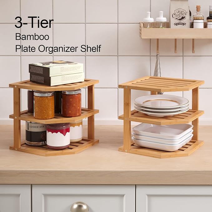 VERTORGAN 3 Tier Bamboo Dish Drying Rack,Corner Shelf 2 Pack(Natural) | Pantry Storage,Dish Rack,Spice Rack,Corner Organizer,Kitchen Counter Shelves,Kitchen Storage,Holds Plates