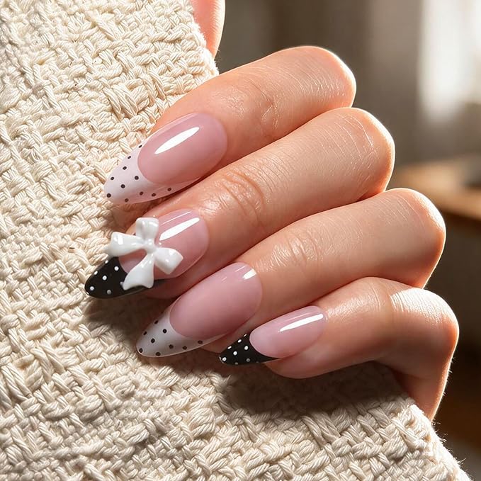 Press on Nails, 6 Packs (144 Pcs) Short Almond French Sets, 3D Floral | 6-Style 12 Sizes, Glossy, Salon Quality, Reusable Full Cover, Cute Cherry Polka Dot Fake Nails