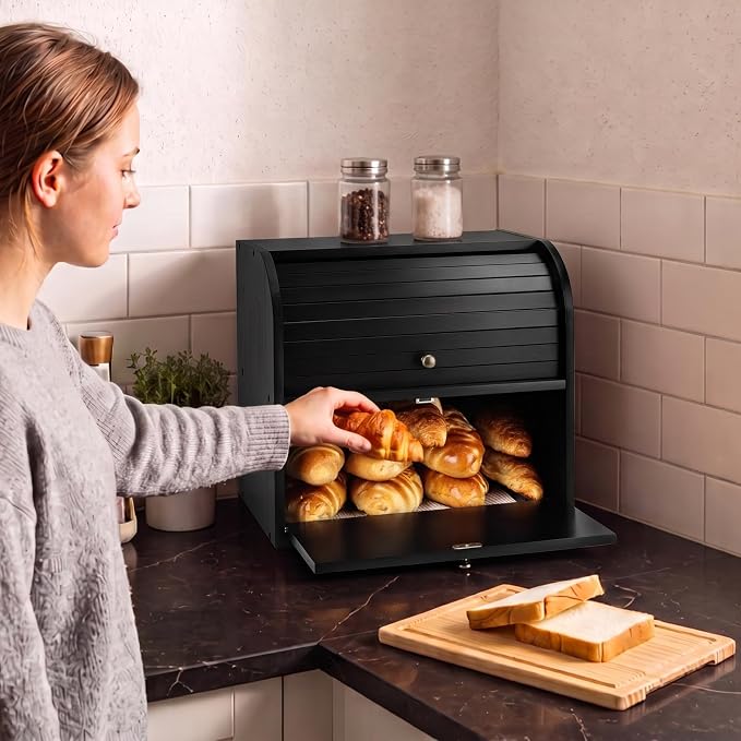Alpeir Roll Top Bread Box with Cutting Board for Kitchen Countertop, Black | Large Breadbox with Ventilation Holes, Double Layer Pantry Shelf, Wooden Homemade Bread Storage Container, Vintage Farmhouse