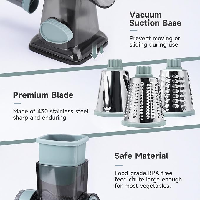 3 in 1 Rotary Cheese Grater Hand Crank with Strong Suction Base | Cheese Shredder with 3 Detachable Blades, Slices, Chops & Shreds Veggies & Nuts, Dishwasher Safe, GreyBlue